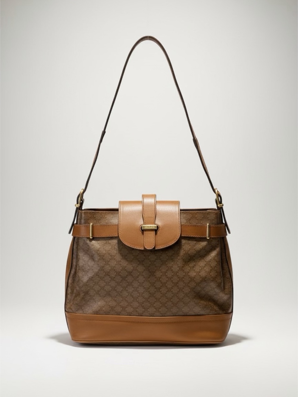 Vintage Celine Macadam Shoulder Bag Brown Tan